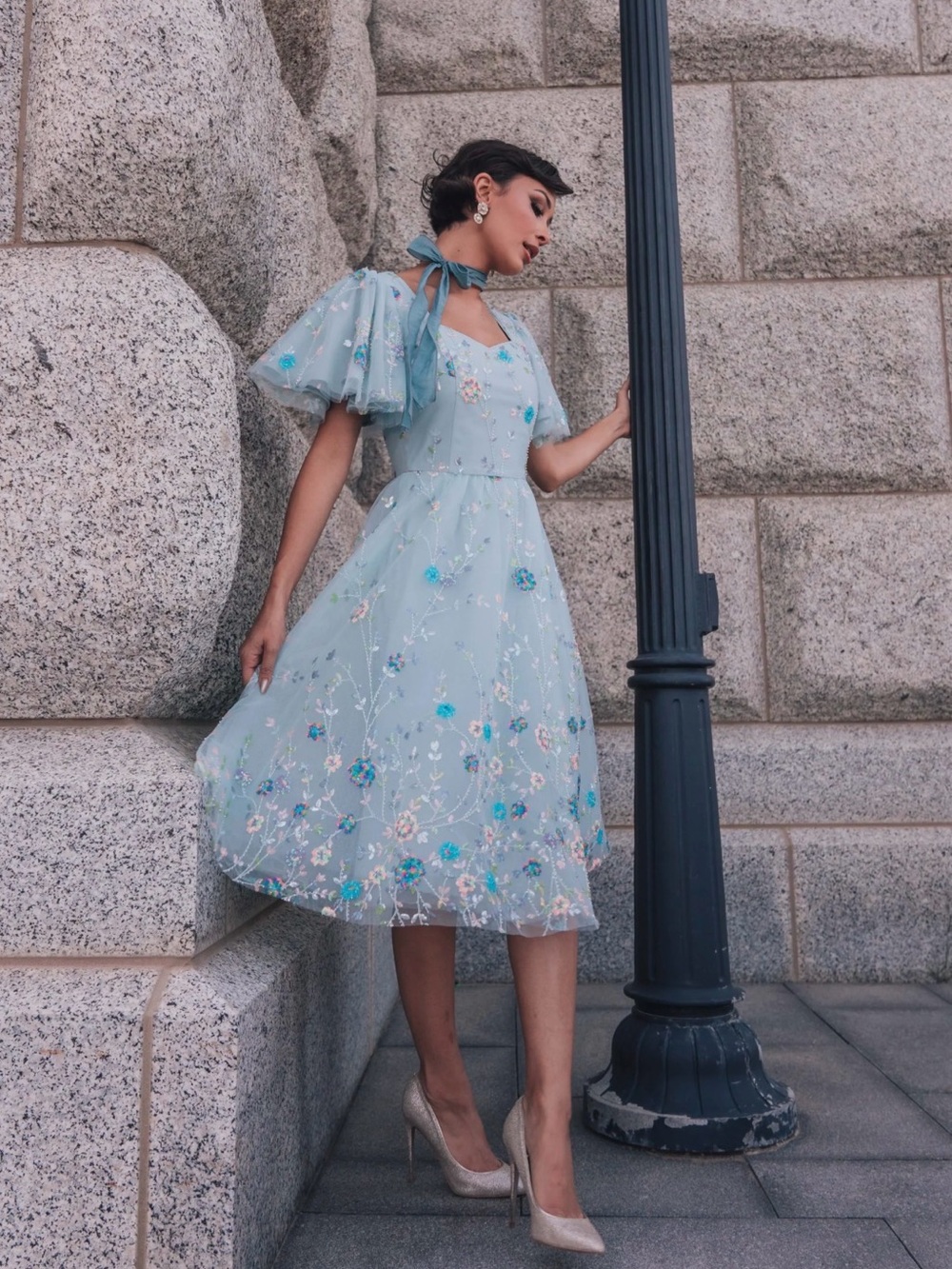 Formal JessaKae Pale Blue Sparkly Floral Embroidered Tulle Dress